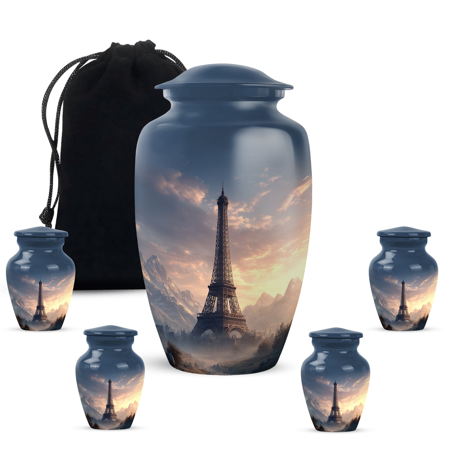 Dusty Blue Eiffel Tower Cremation Urn top-down view of secure threaded lid - timeless eiffel tower motif etched into premium metal - memorial set with one large and four small urns