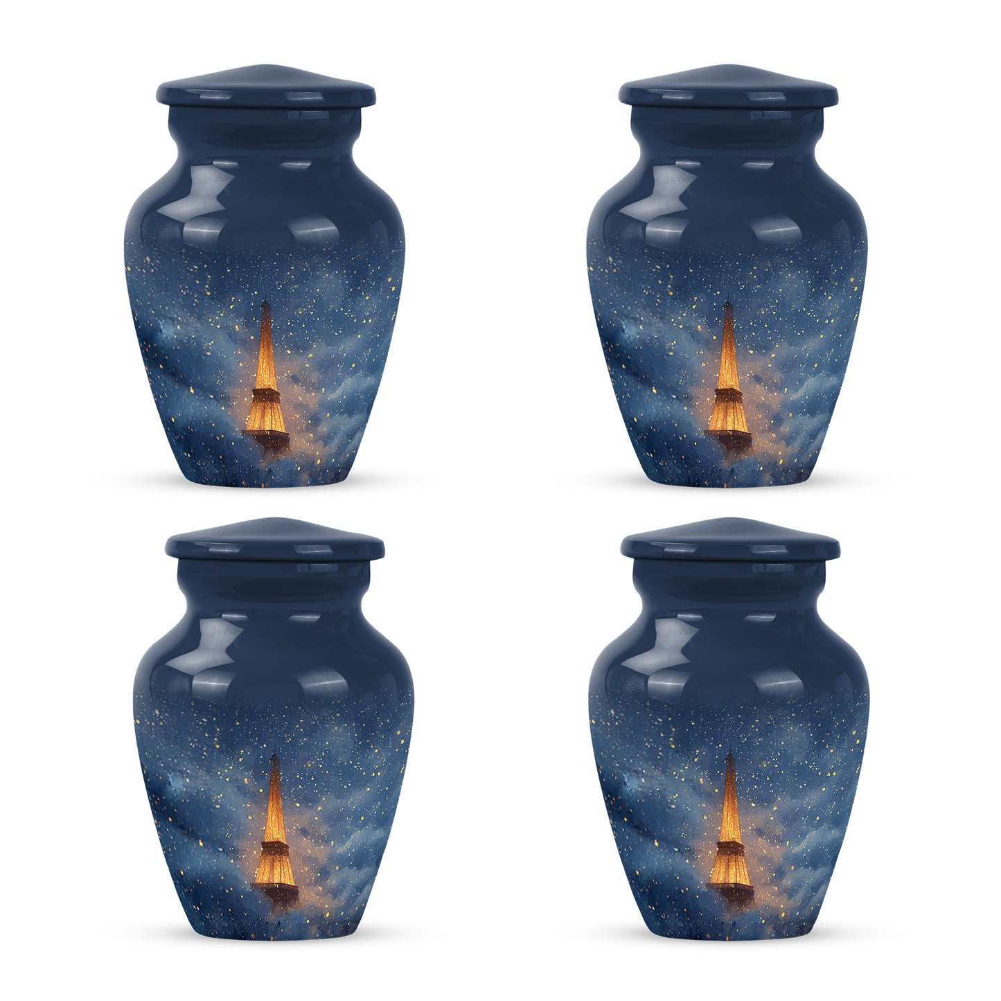 Calming Blue Eiffel Tower Cremation Urn side profile showing urn shape - elegant classic eiffel tower relief with fine detailing - 10 inch aluminum urn for cremated remains