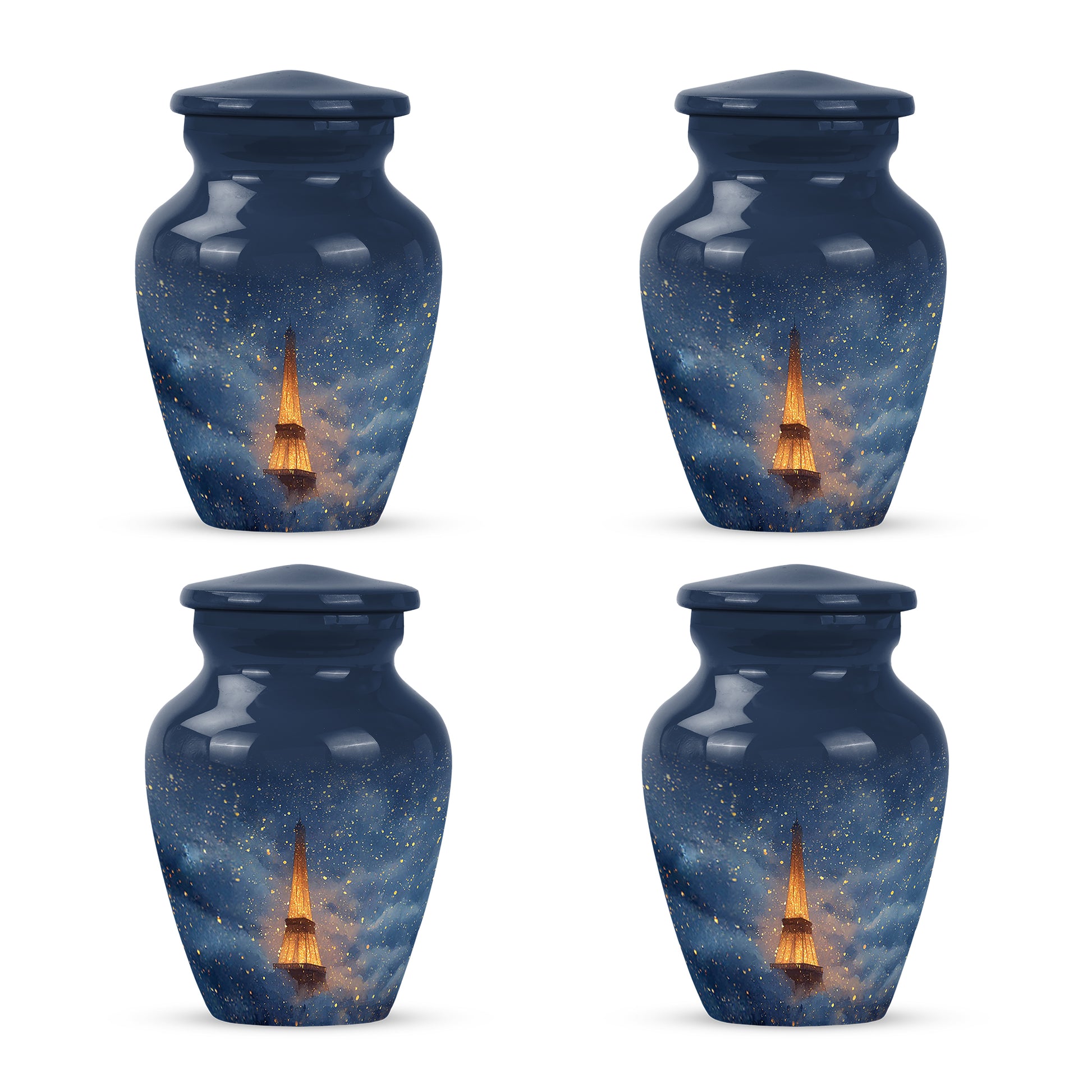 Calming Blue Eiffel Tower Cremation Urn side profile showing urn shape - elegant classic eiffel tower relief with fine detailing - 10 inch aluminum urn for cremated remains