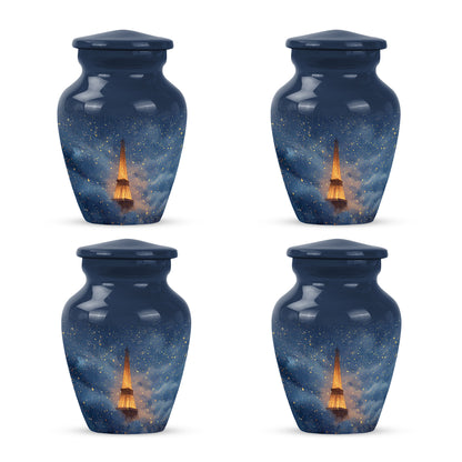 Calming Blue Eiffel Tower Cremation Urn side profile showing urn shape - elegant classic eiffel tower relief with fine detailing - 10 inch aluminum urn for cremated remains