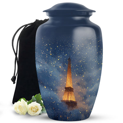 Vivid Blue Eiffel Tower Cremation Urn angled view of lid and engraved motif - traditional eiffel tower engraving with hand-polished finish - full-size 10 inch 200 cubic inch adult cremation urn