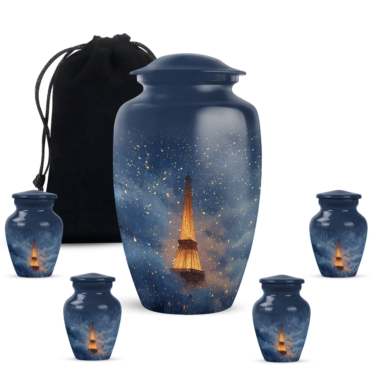 Sapphire Blue Eiffel Tower Cremation Urn top-down view of secure threaded lid - traditional eiffel tower engraving with hand-polished finish - memorial set with one large and four small urns