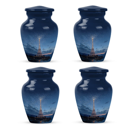 Powder Blue Eiffel Tower Cremation Urn side profile showing urn shape - classic sculpted eiffel tower pattern on smooth aluminum - 10 inch aluminum urn for cremated remains
