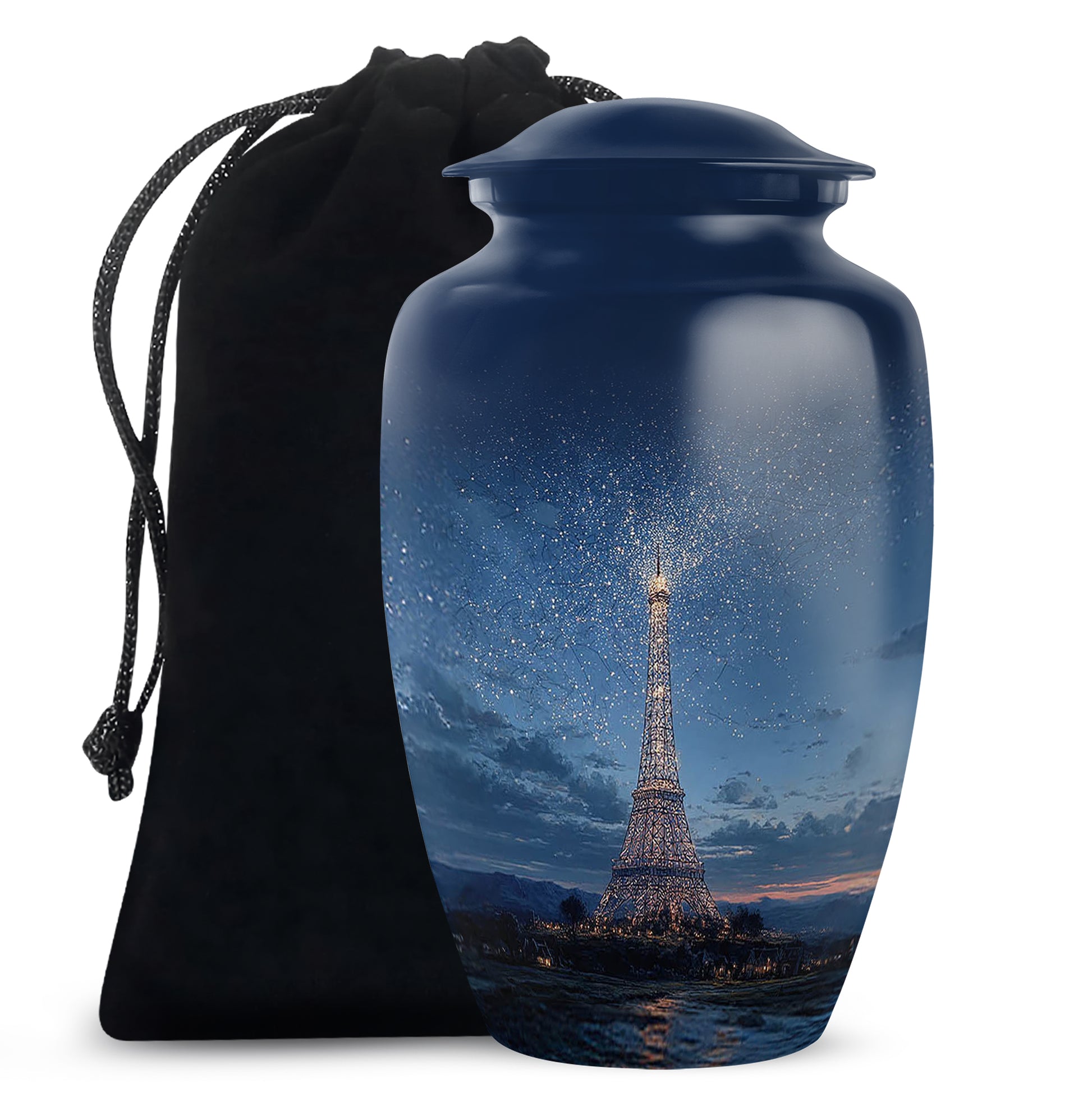 Powder Blue Eiffel Tower Cremation Urn angled view of lid and engraved motif - classic sculpted eiffel tower pattern on smooth aluminum - full-size 10 inch 200 cubic inch adult cremation urn