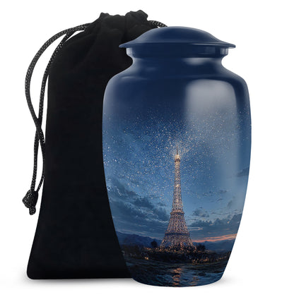 Powder Blue Eiffel Tower Cremation Urn angled view of lid and engraved motif - classic sculpted eiffel tower pattern on smooth aluminum - full-size 10 inch 200 cubic inch adult cremation urn