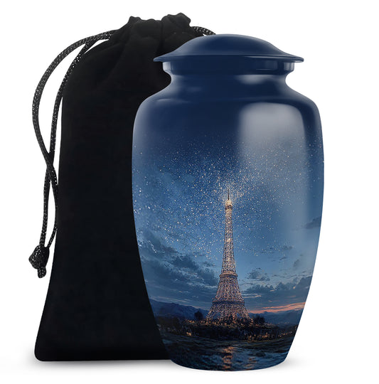 Powder Blue Eiffel Tower Cremation Urn angled view of lid and engraved motif - classic sculpted eiffel tower pattern on smooth aluminum - full-size 10 inch 200 cubic inch adult cremation urn