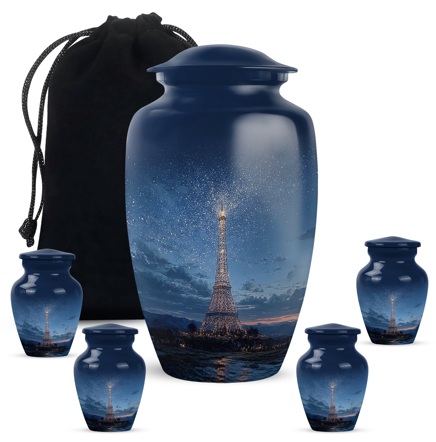 Soft Blue Eiffel Tower Cremation Urn top-down view of secure threaded lid - traditional eiffel tower engraving with hand-polished finish - memorial set with one large and four small urns