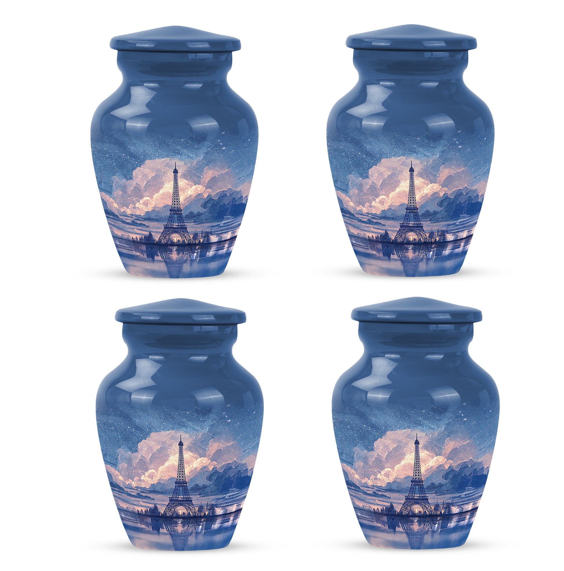 Calming Blue Eiffel Tower Cremation Urn side profile showing urn shape - traditional eiffel tower engraving with hand-polished finish - 10 inch aluminum urn for cremated remains