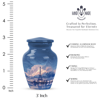 Powder Blue Eiffel Tower Cremation Urn close-up of engraving and surface detail - timeless eiffel tower motif etched into premium metal - mini keepsake memorial for portion of cremation ashes