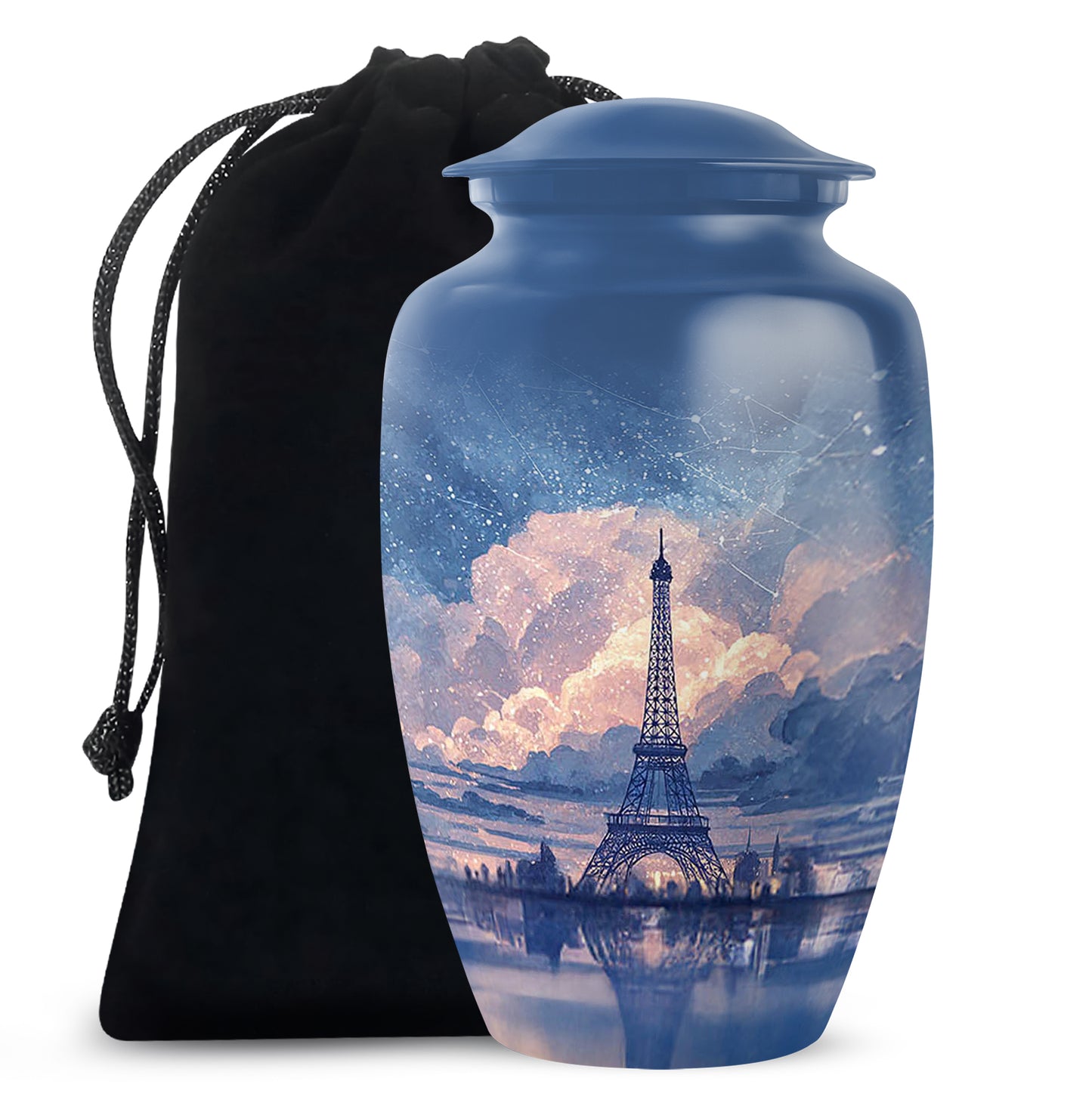 Vivid Blue Eiffel Tower Cremation Urn angled view of lid and engraved motif - elegant classic eiffel tower relief with fine detailing - full-size 10 inch 200 cubic inch adult cremation urn