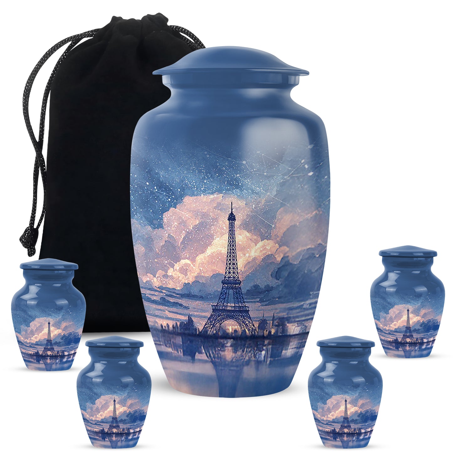 Twilight Blue Eiffel Tower Cremation Urn top-down view of secure threaded lid - traditional eiffel tower engraving with hand-polished finish - memorial set with one large and four small urns