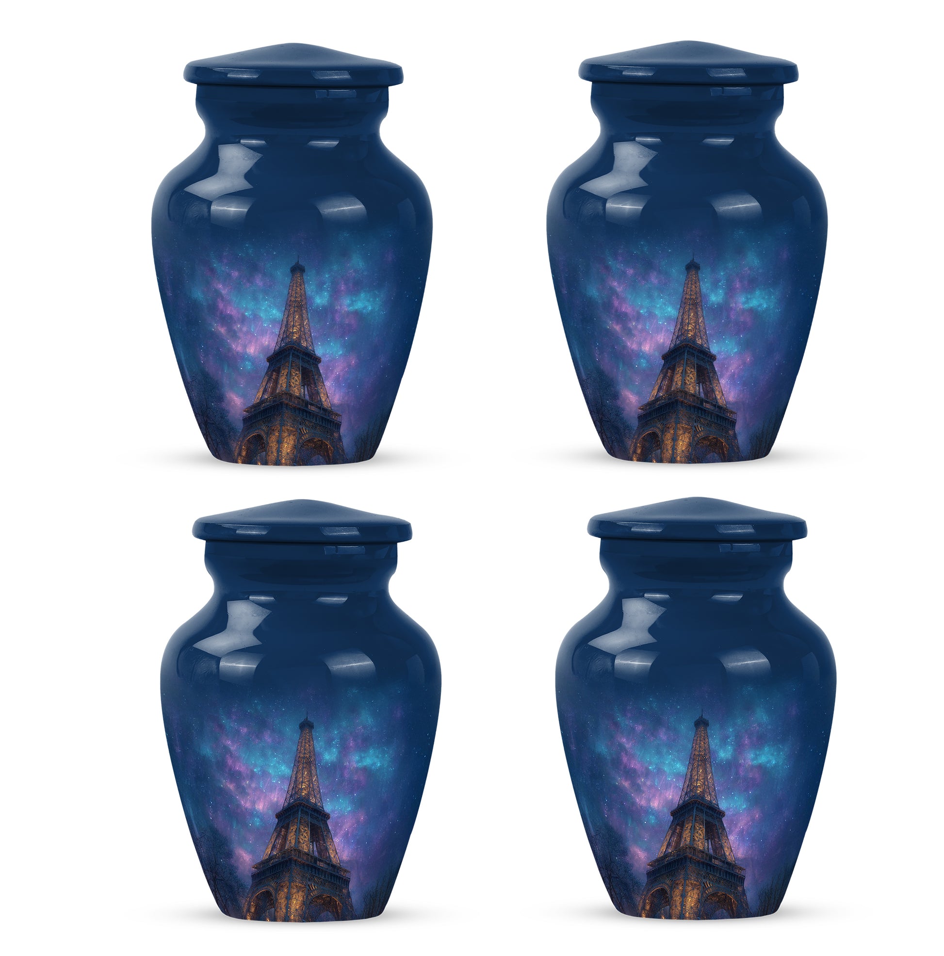 Indigo Eiffel Tower Cremation Urn side profile showing urn shape - timeless eiffel tower motif etched into premium metal - 10 inch aluminum urn for cremated remains