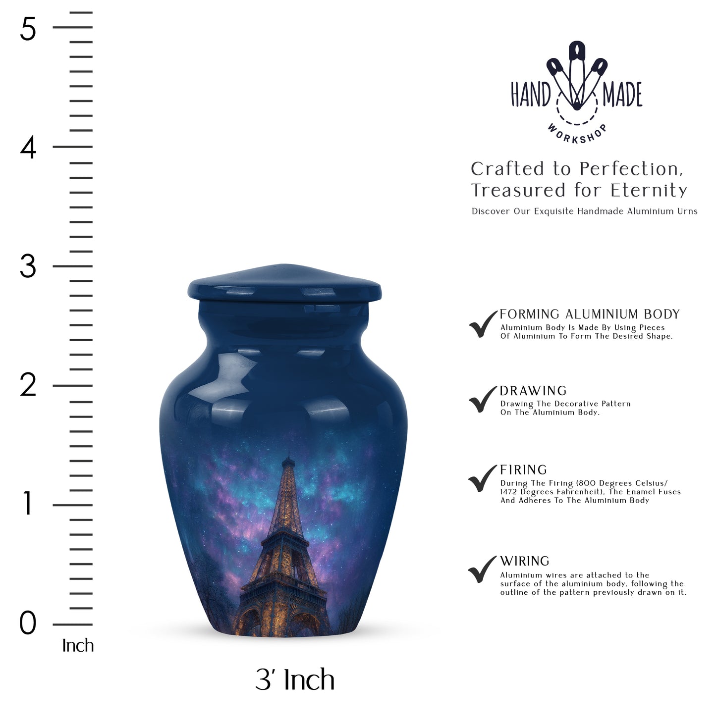 Azure Eiffel Tower Cremation Urn close-up of engraving and surface detail - classic sculpted eiffel tower pattern on smooth aluminum - mini keepsake memorial for portion of cremation ashes