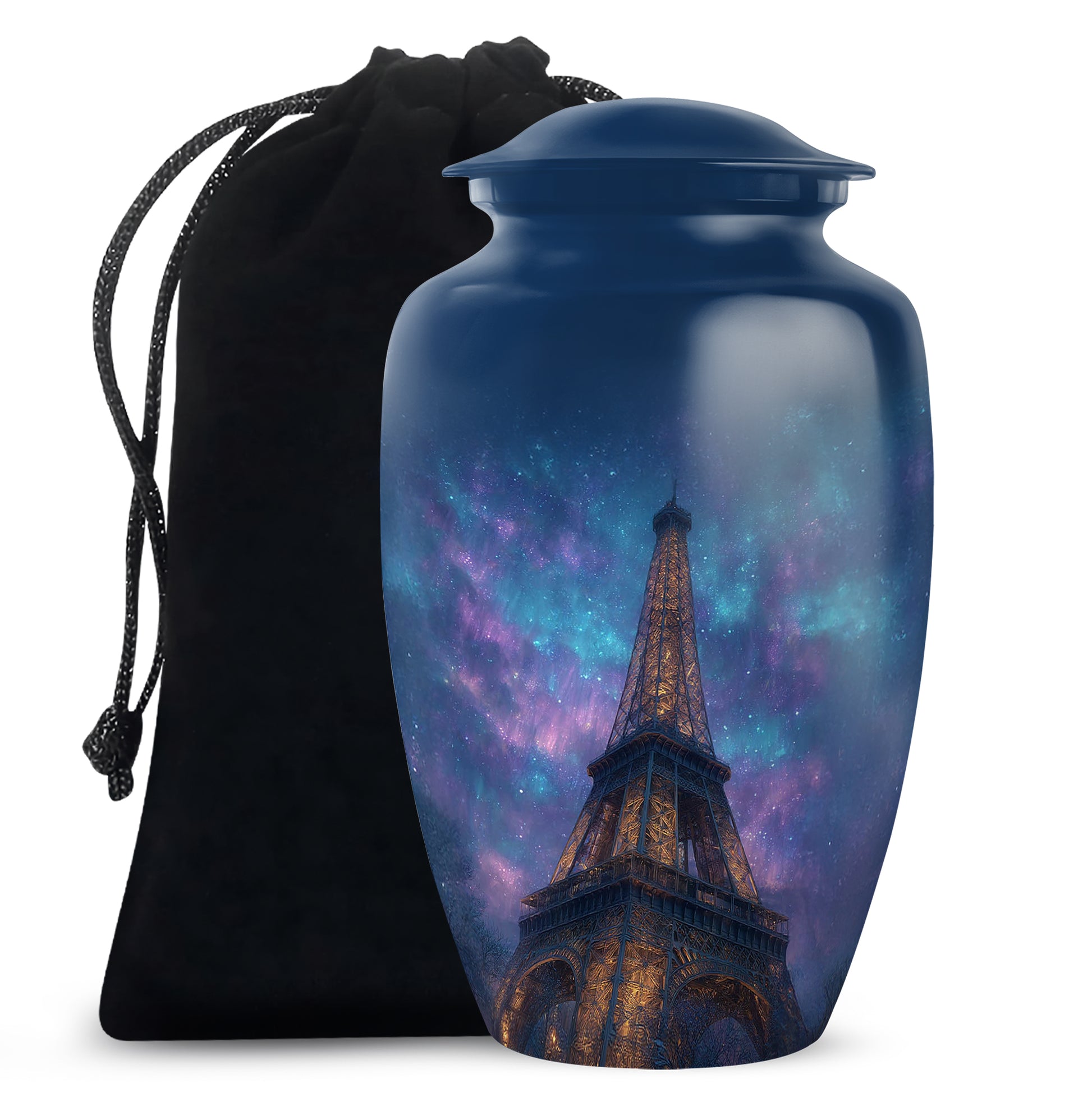 Steel Blue Eiffel Tower Cremation Urn angled view of lid and engraved motif - elegant classic eiffel tower relief with fine detailing - full-size 10 inch 200 cubic inch adult cremation urn