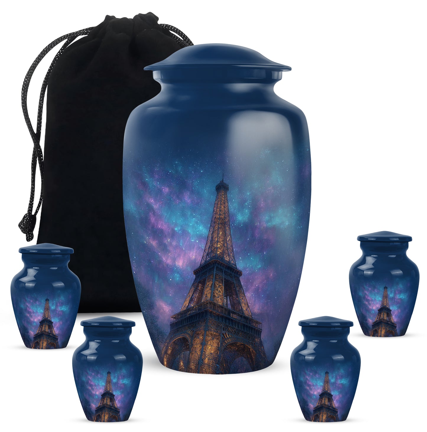Misty Blue Eiffel Tower Cremation Urn top-down view of secure threaded lid - timeless eiffel tower motif etched into premium metal - memorial set with one large and four small urns