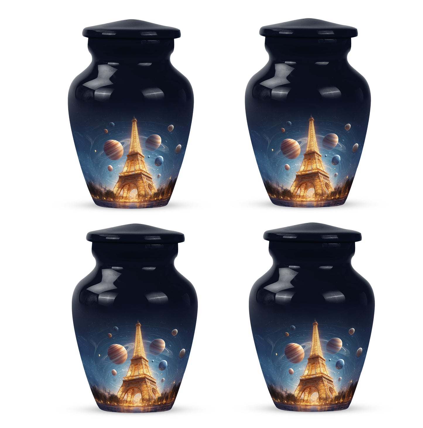 Soft Blue Eiffel Tower Cremation Urn side profile showing urn shape - elegant classic eiffel tower relief with fine detailing - 10 inch aluminum urn for cremated remains