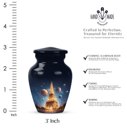 Slate Blue Eiffel Tower Cremation Urn close-up of engraving and surface detail - classic sculpted eiffel tower pattern on smooth aluminum - mini keepsake memorial for portion of cremation ashes