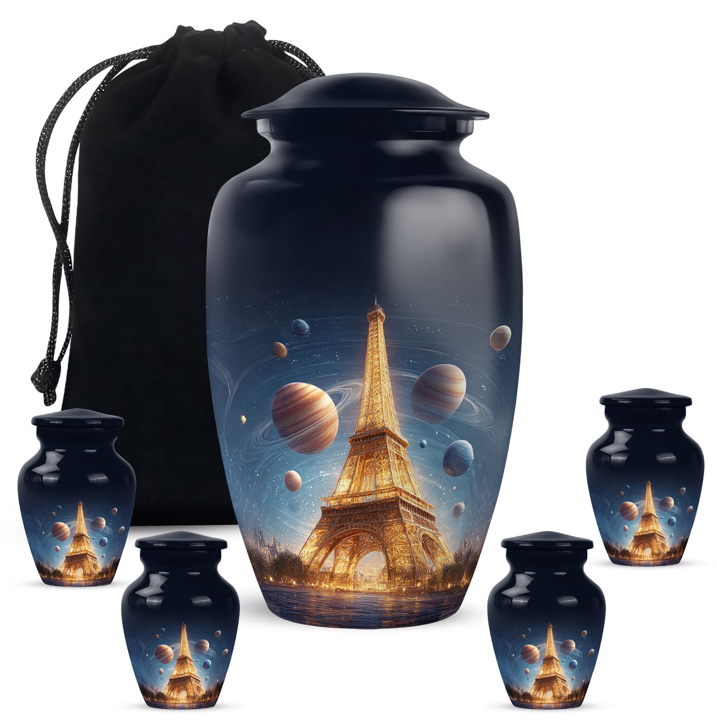 Royal Blue Eiffel Tower Cremation Urn top-down view of secure threaded lid - traditional eiffel tower engraving with hand-polished finish - memorial set with one large and four small urns