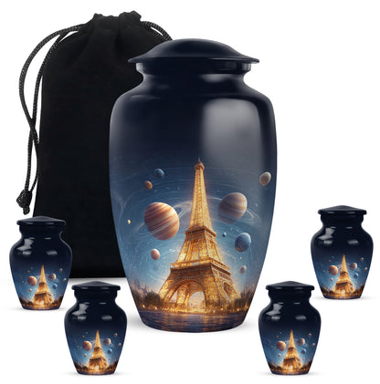 Royal Blue Eiffel Tower Cremation Urn top-down view of secure threaded lid - traditional eiffel tower engraving with hand-polished finish - memorial set with one large and four small urns