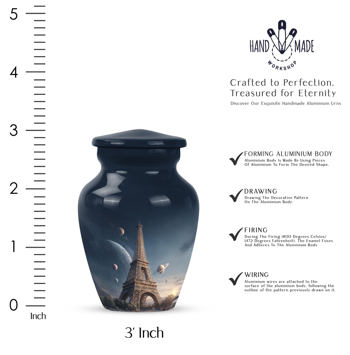 Royal Blue Eiffel Tower Cremation Urn close-up of engraving and surface detail - traditional eiffel tower engraving with hand-polished finish - mini keepsake memorial for portion of cremation ashes