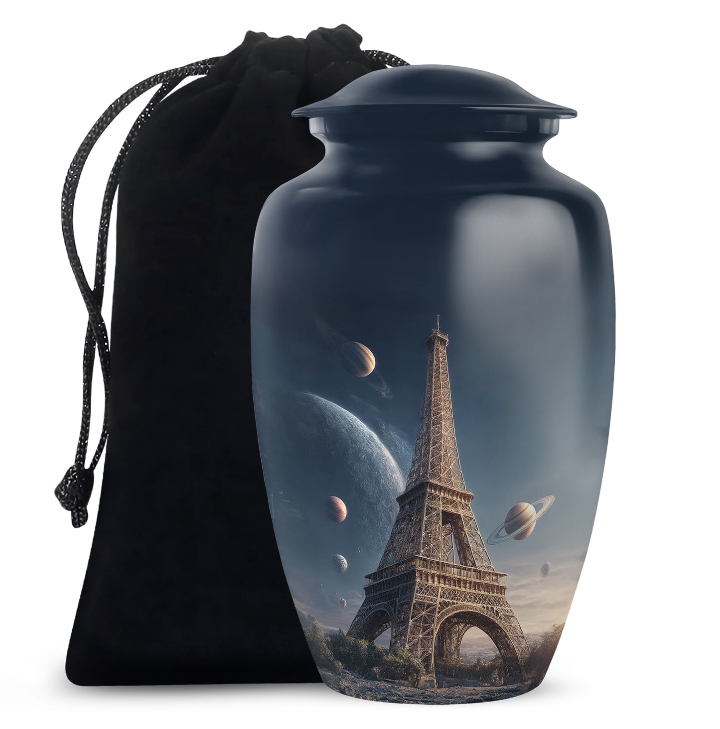 Soft Blue Eiffel Tower Cremation Urn angled view of lid and engraved motif - traditional eiffel tower engraving with hand-polished finish - full-size 10 inch 200 cubic inch adult cremation urn