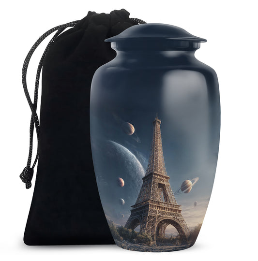 Soft Blue Eiffel Tower Cremation Urn angled view of lid and engraved motif - traditional eiffel tower engraving with hand-polished finish - full-size 10 inch 200 cubic inch adult cremation urn