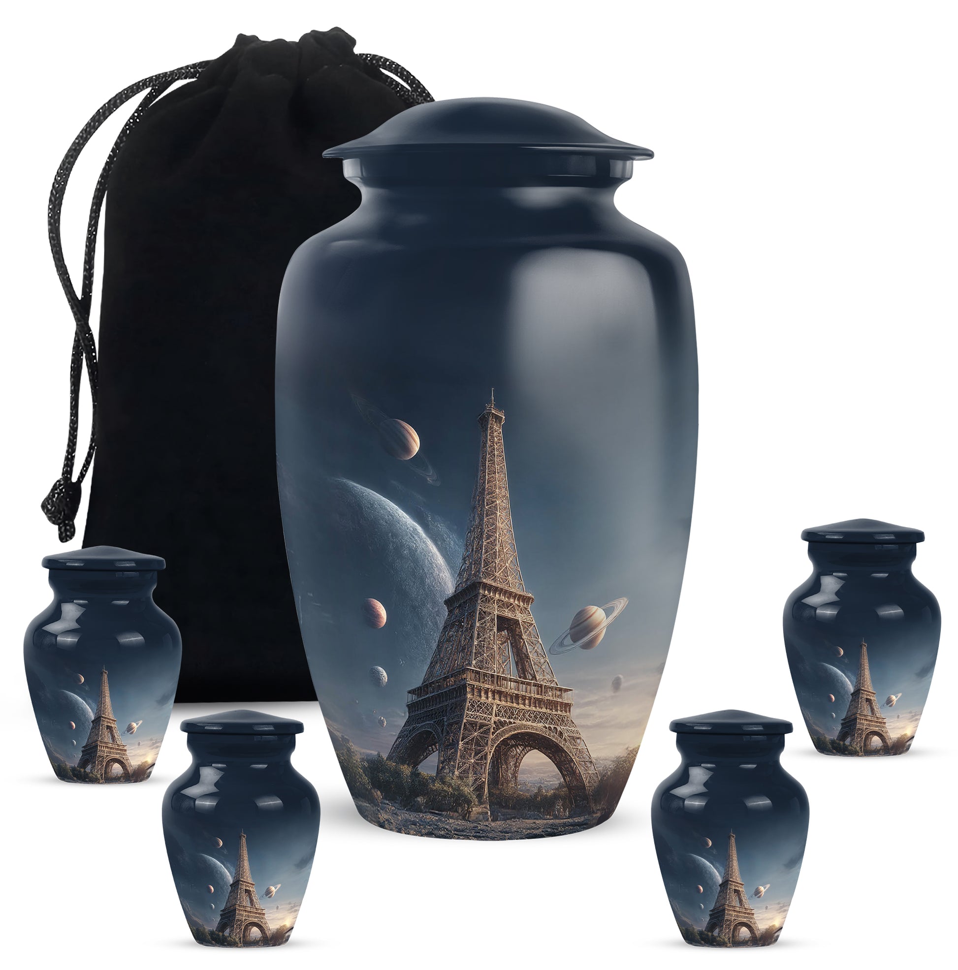 Navy Blue Eiffel Tower Cremation Urn top-down view of secure threaded lid - timeless eiffel tower motif etched into premium metal - memorial set with one large and four small urns