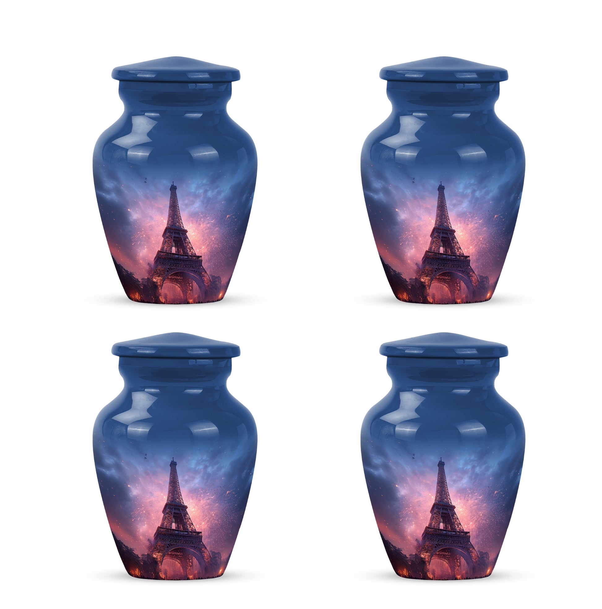 Royal Blue Eiffel Tower Cremation Urn side profile showing urn shape - elegant classic eiffel tower relief with fine detailing - 10 inch aluminum urn for cremated remains
