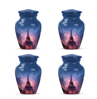 Royal Blue Eiffel Tower Cremation Urn side profile showing urn shape - elegant classic eiffel tower relief with fine detailing - 10 inch aluminum urn for cremated remains