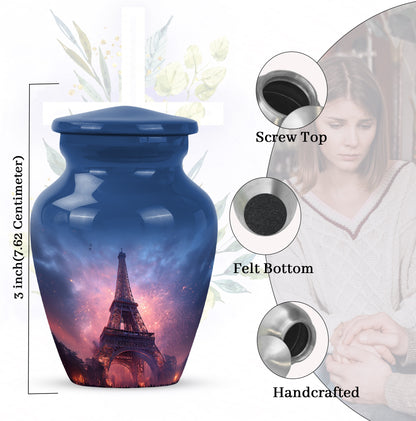 Royal Blue Eiffel Tower Cremation Urn close-up of engraving and surface detail - elegant classic eiffel tower relief with fine detailing - mini keepsake memorial for portion of cremation ashes