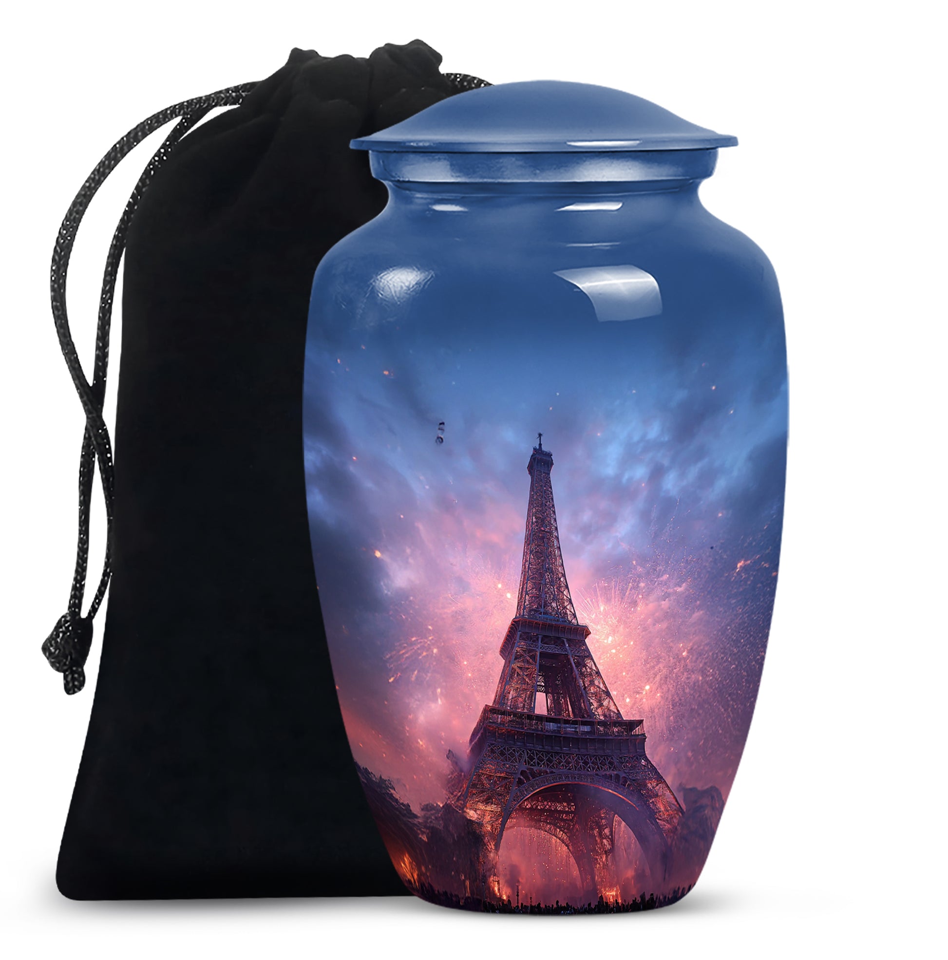 Celestial Blue Eiffel Tower Cremation Urn angled view of lid and engraved motif - timeless eiffel tower motif etched into premium metal - full-size 10 inch 200 cubic inch adult cremation urn
