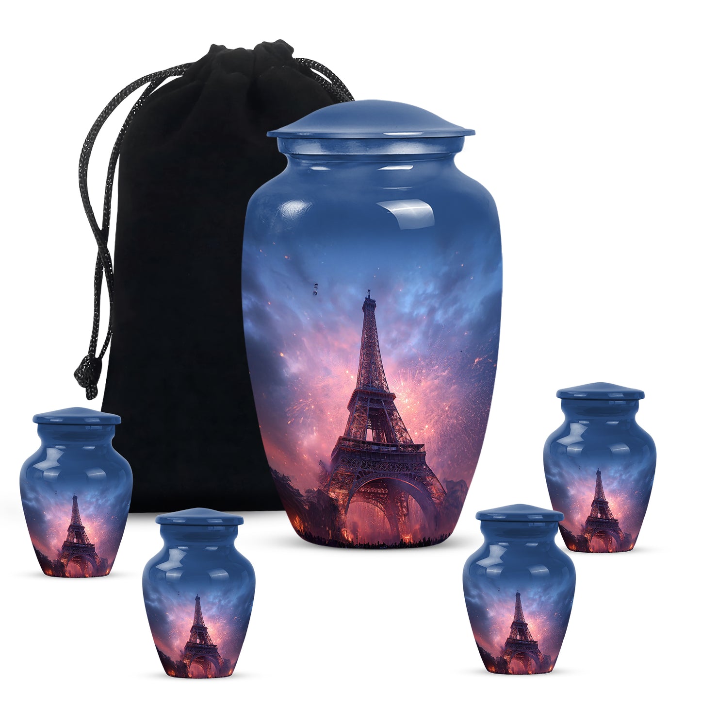 Pastel Blue Eiffel Tower Cremation Urn top-down view of secure threaded lid - timeless eiffel tower motif etched into premium metal - memorial set with one large and four small urns