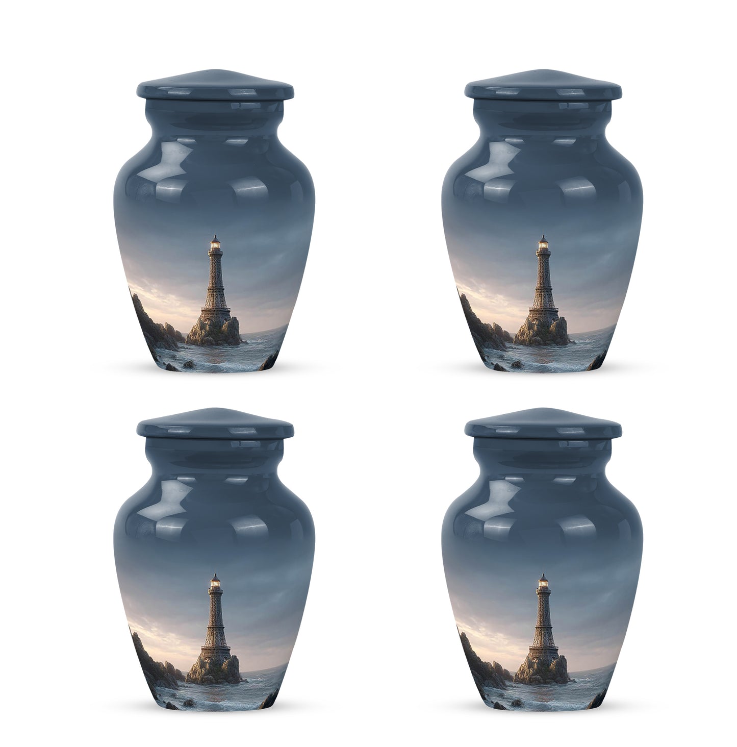Sky Blue Eiffel Tower Cremation Urn side profile showing urn shape - timeless eiffel tower motif etched into premium metal - 10 inch aluminum urn for cremated remains