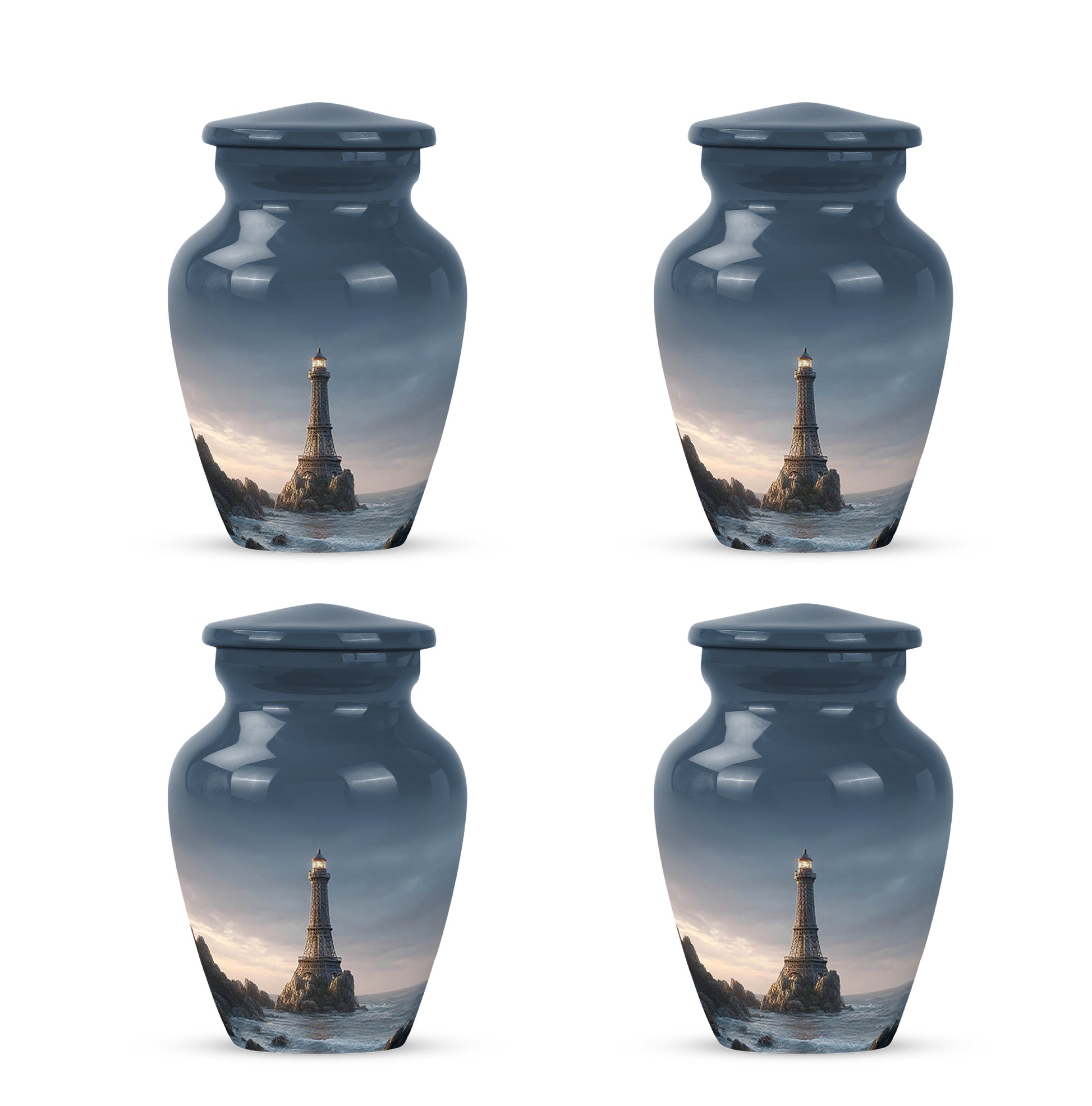 Sky Blue Eiffel Tower Cremation Urn side profile showing urn shape - timeless eiffel tower motif etched into premium metal - 10 inch aluminum urn for cremated remains