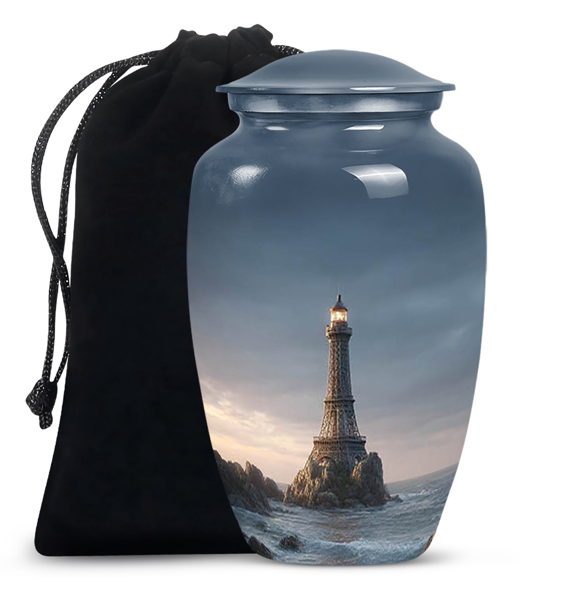 Icy Blue Eiffel Tower Cremation Urn angled view of lid and engraved motif - timeless eiffel tower motif etched into premium metal - full-size 10 inch 200 cubic inch adult cremation urn