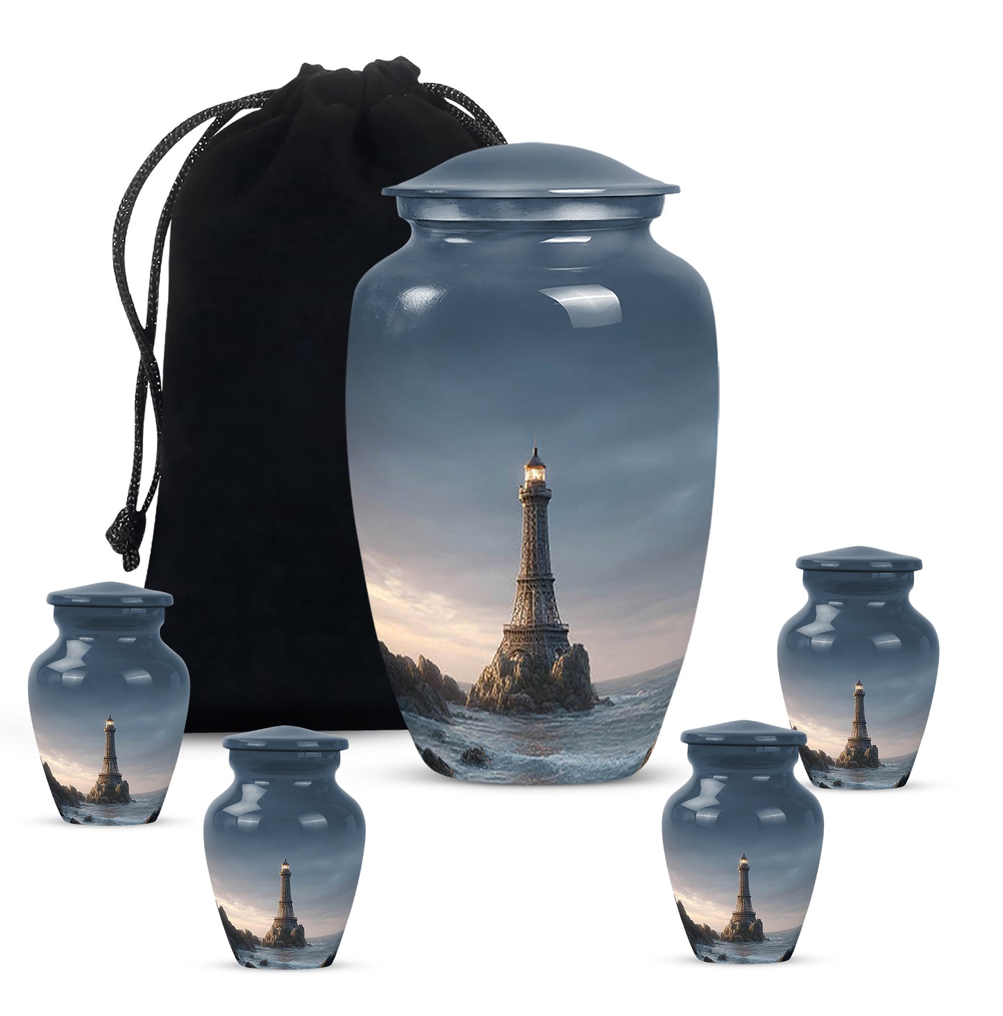 Slate Blue Eiffel Tower Cremation Urn top-down view of secure threaded lid - classic sculpted eiffel tower pattern on smooth aluminum - memorial set with one large and four small urns
