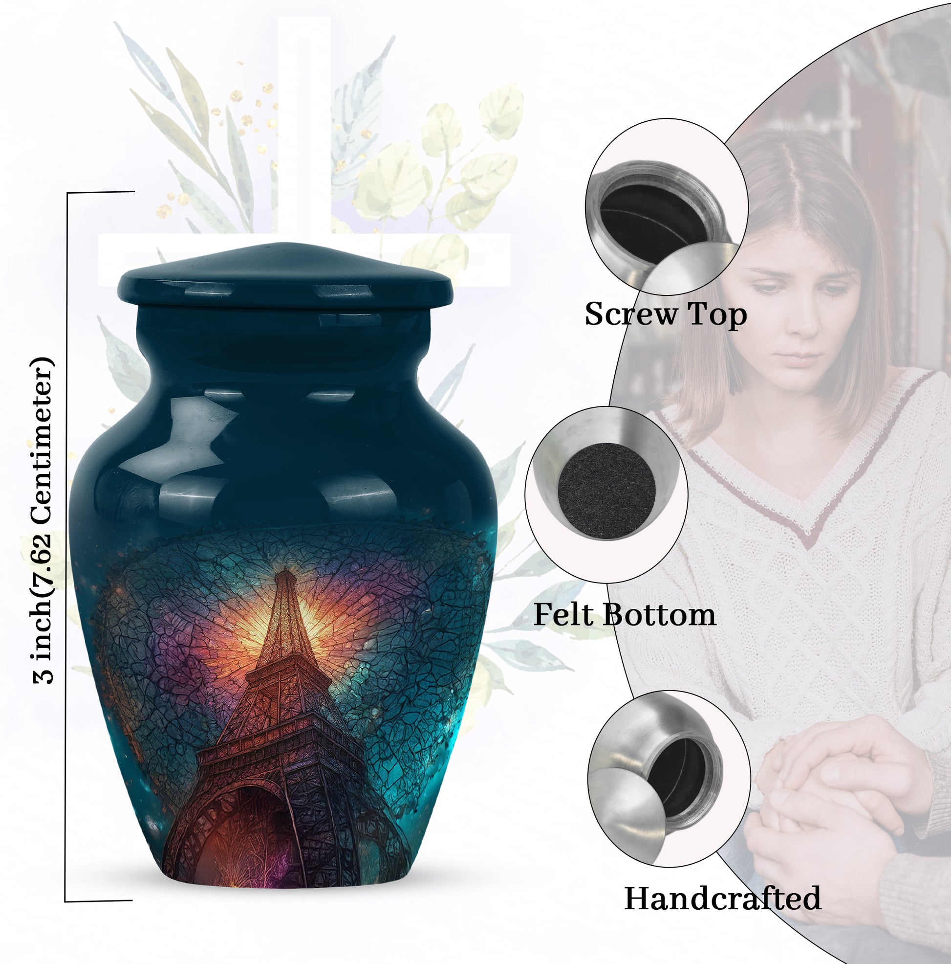 Cobalt Blue Eiffel Tower Cremation Urn close-up of engraving and surface detail - elegant classic eiffel tower relief with fine detailing - mini keepsake memorial for portion of cremation ashes