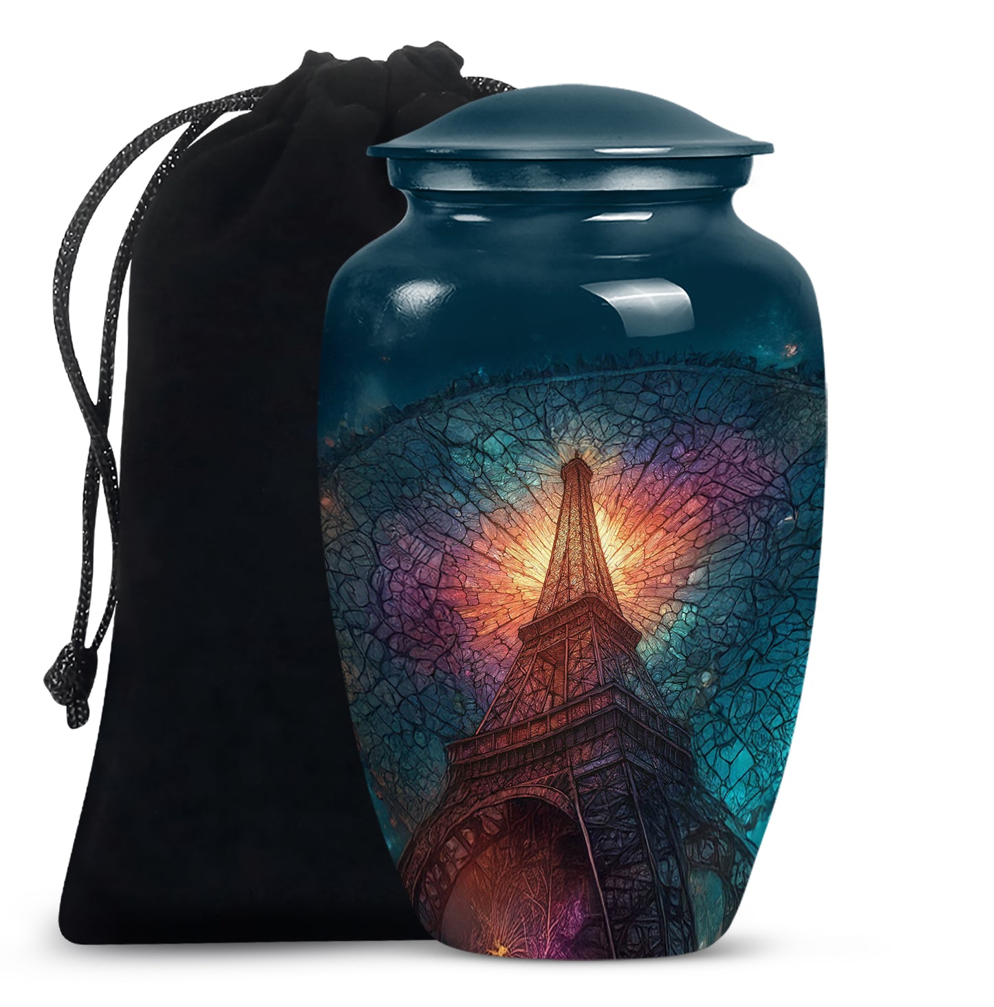 Royal Blue Eiffel Tower Cremation Urn angled view of lid and engraved motif - elegant classic eiffel tower relief with fine detailing - full-size 10 inch 200 cubic inch adult cremation urn