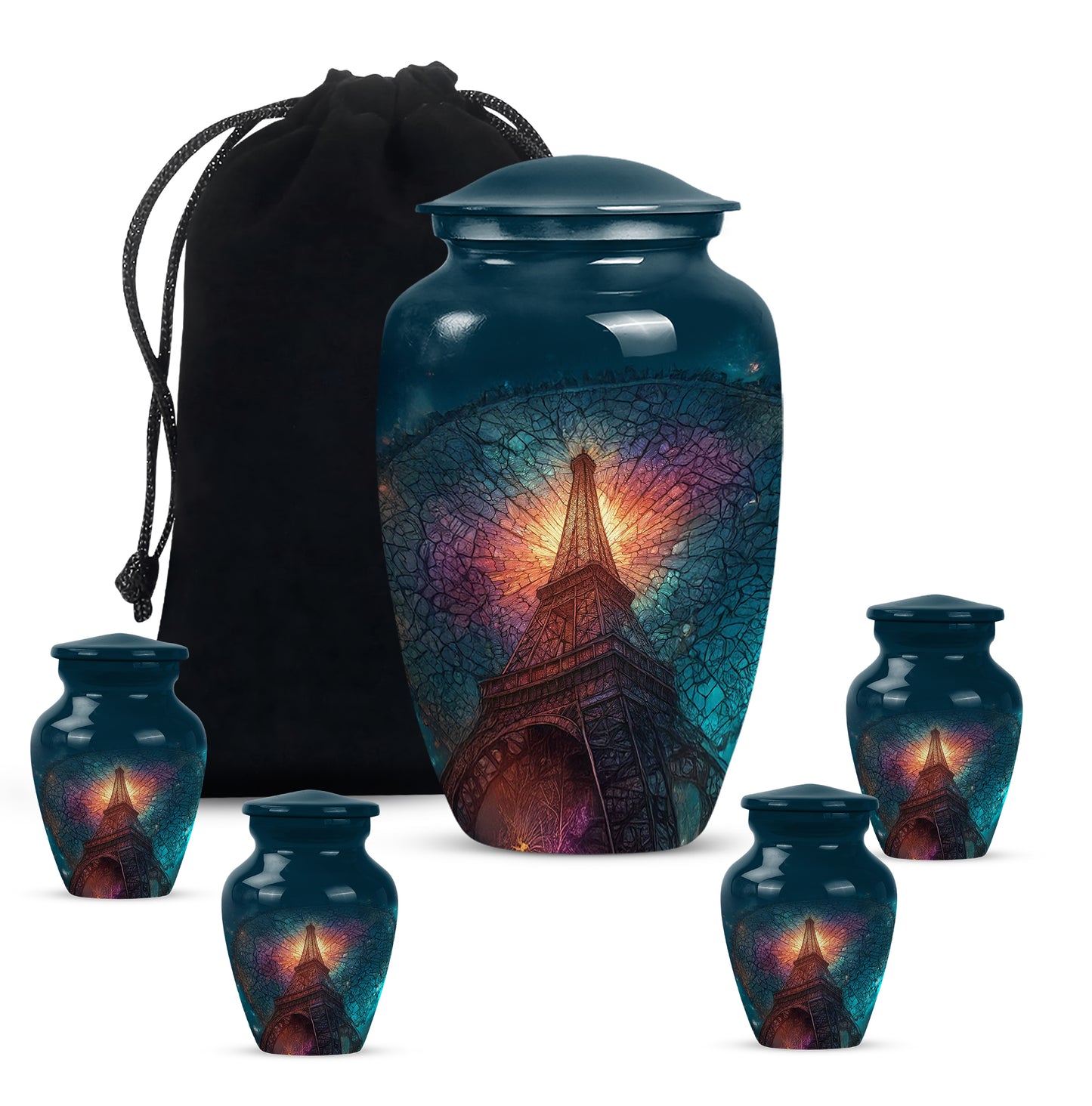 Cobalt Blue Eiffel Tower Cremation Urn top-down view of secure threaded lid - elegant classic eiffel tower relief with fine detailing - memorial set with one large and four small urns