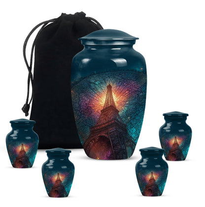 Cobalt Blue Eiffel Tower Cremation Urn top-down view of secure threaded lid - elegant classic eiffel tower relief with fine detailing - memorial set with one large and four small urns