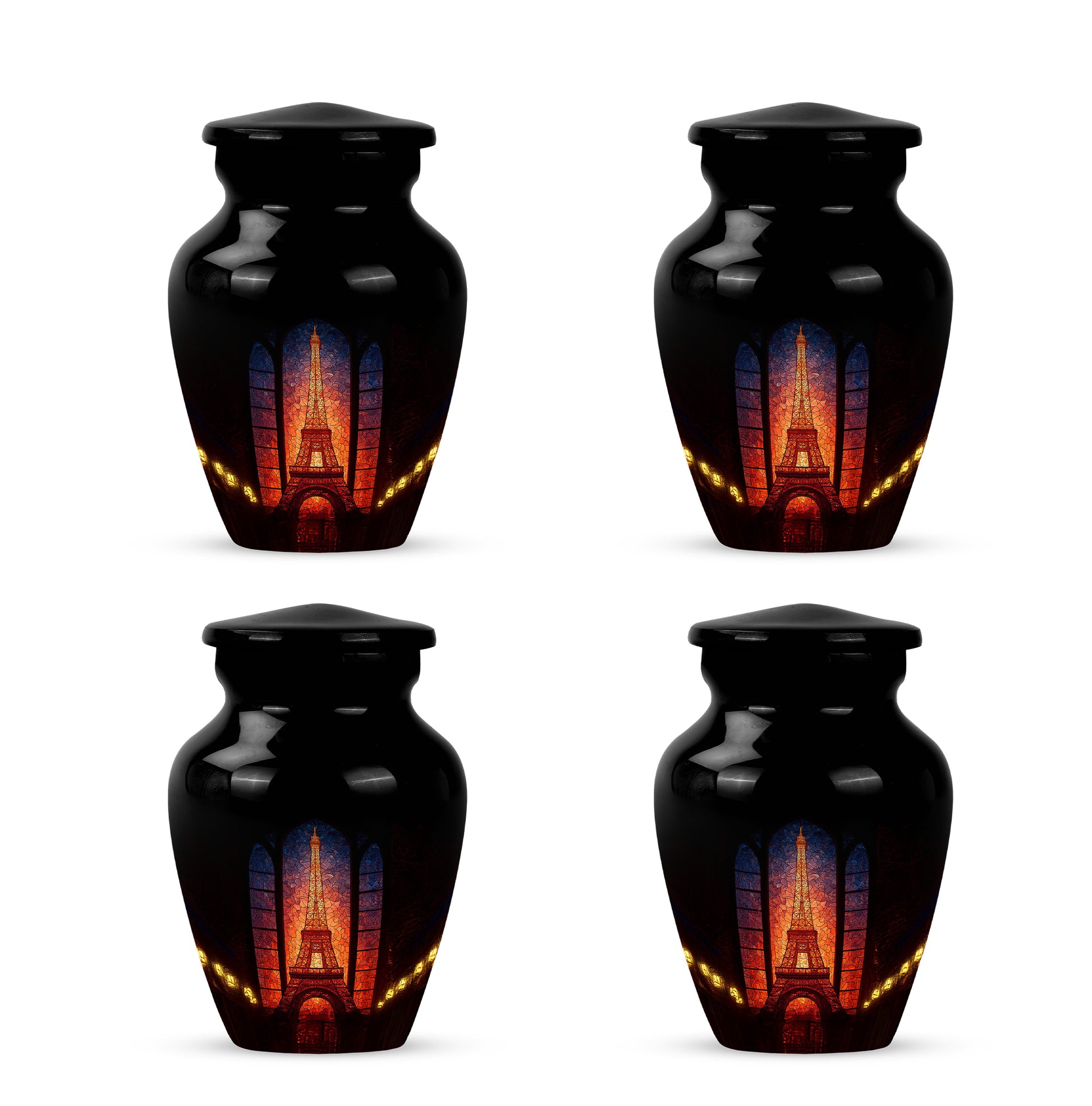 Deep Black Eiffel Tower Cremation Urn side profile showing urn shape - classic sculpted eiffel tower pattern on smooth aluminum - 10 inch aluminum urn for cremated remains