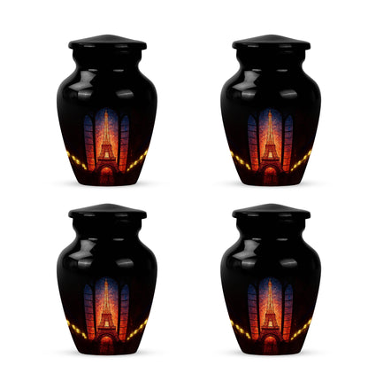 Deep Black Eiffel Tower Cremation Urn side profile showing urn shape - classic sculpted eiffel tower pattern on smooth aluminum - 10 inch aluminum urn for cremated remains