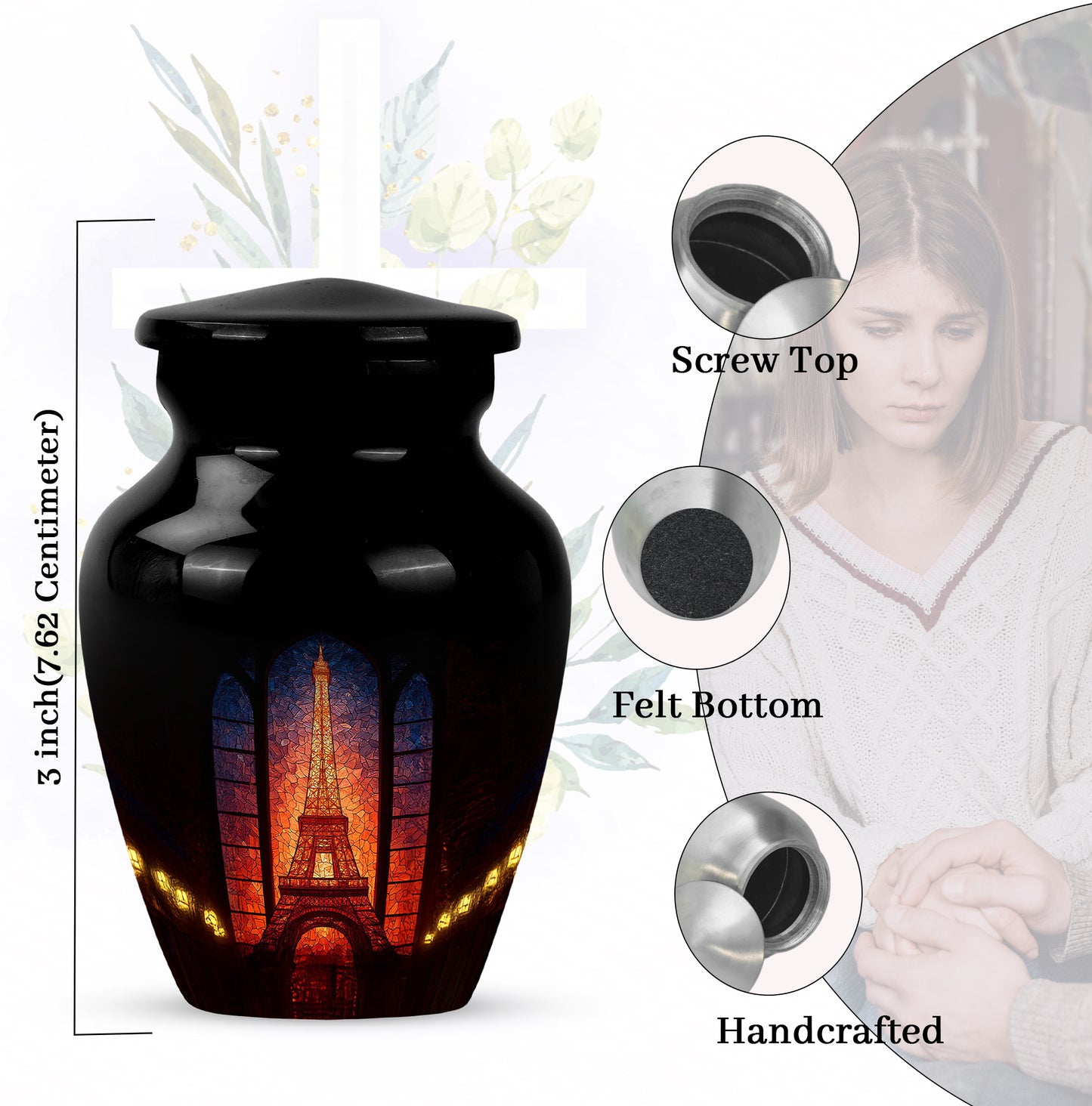 Rich Black Eiffel Tower Cremation Urn close-up of engraving and surface detail - timeless eiffel tower motif etched into premium metal - mini keepsake memorial for portion of cremation ashes
