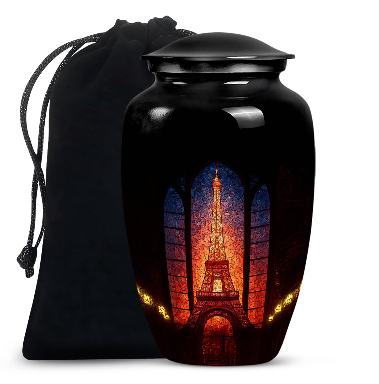 Charcoal Black Eiffel Tower Cremation Urn angled view of lid and engraved motif - elegant classic eiffel tower relief with fine detailing - full-size 10 inch 200 cubic inch adult cremation urn