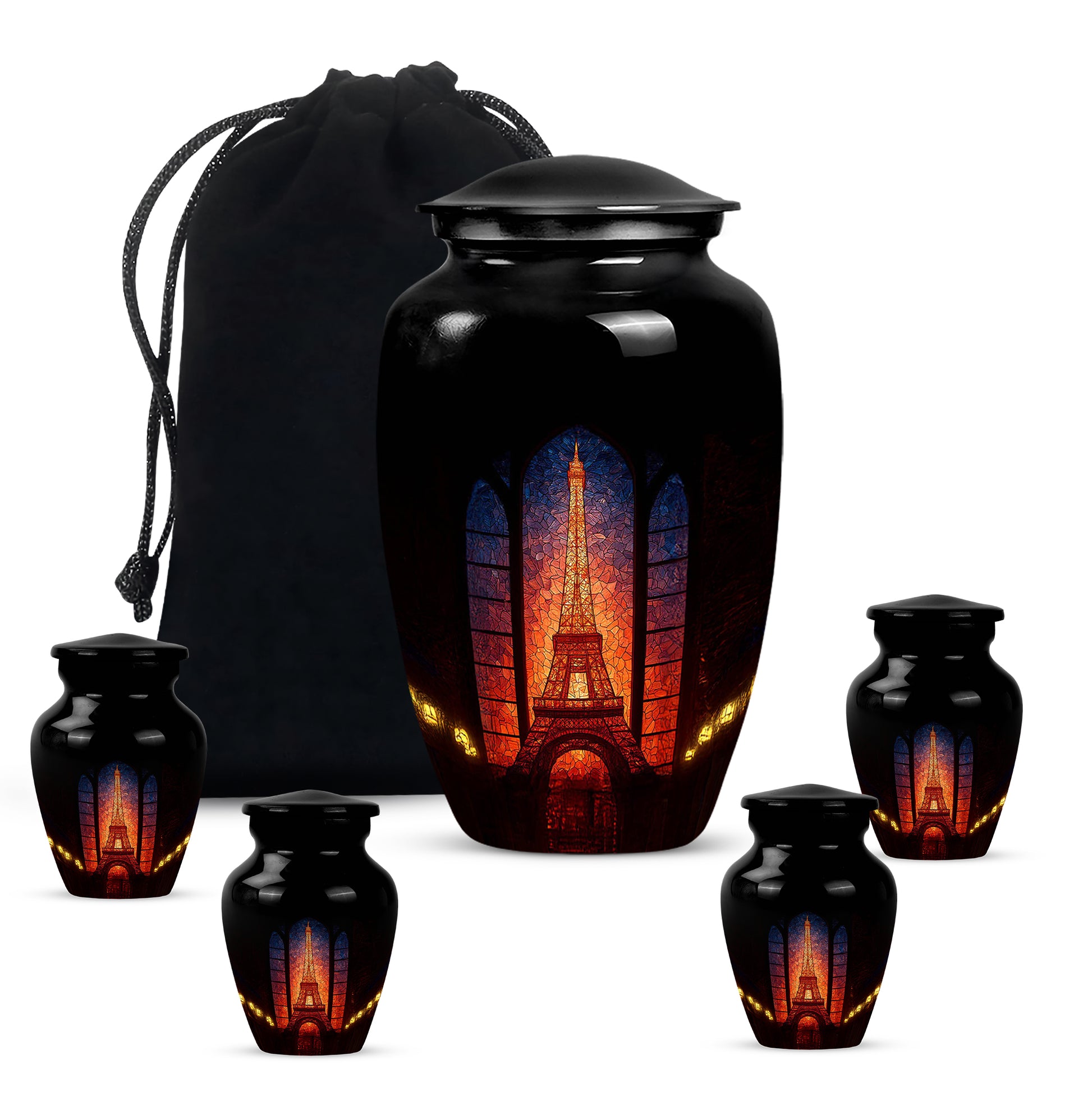 Dark Black Eiffel Tower Cremation Urn top-down view of secure threaded lid - elegant classic eiffel tower relief with fine detailing - memorial set with one large and four small urns