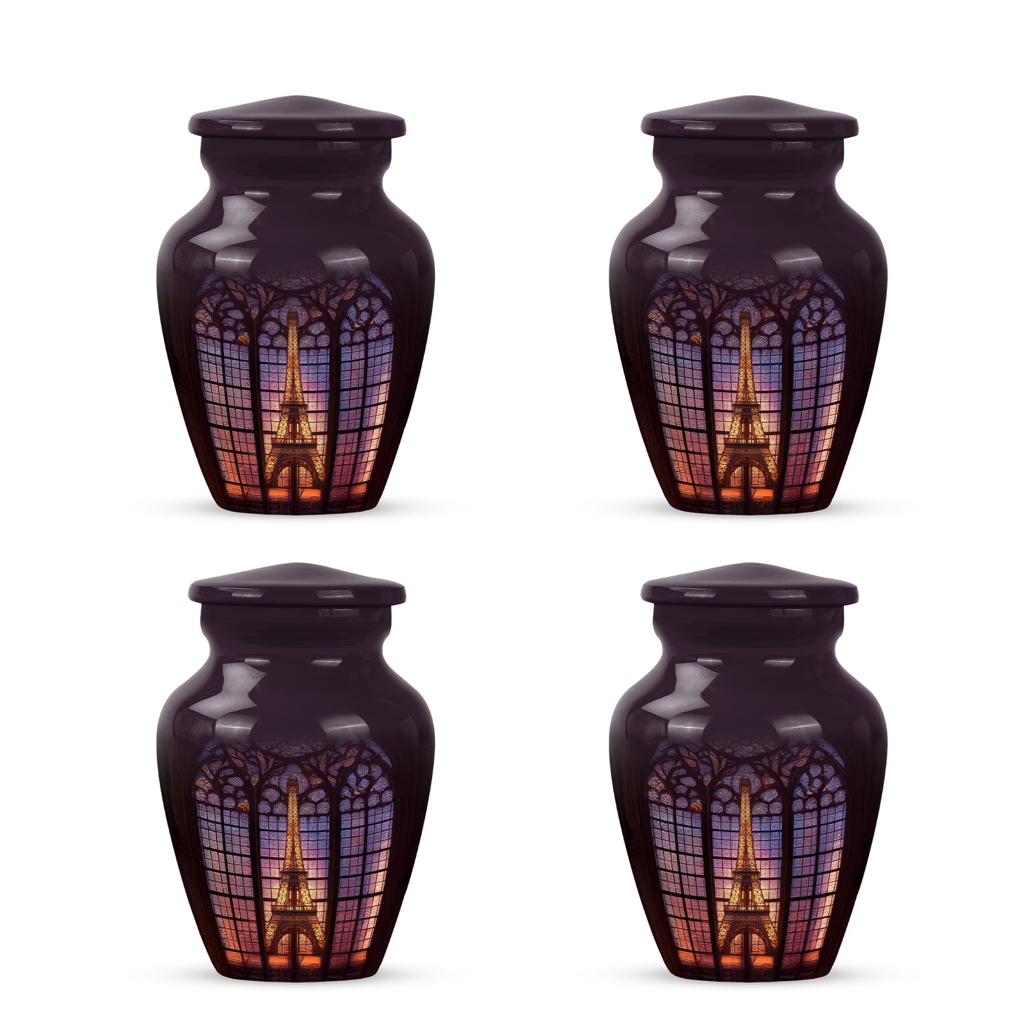 Glossy Black Eiffel Tower Cremation Urn side profile showing urn shape - classic sculpted eiffel tower pattern on smooth aluminum - 10 inch aluminum urn for cremated remains