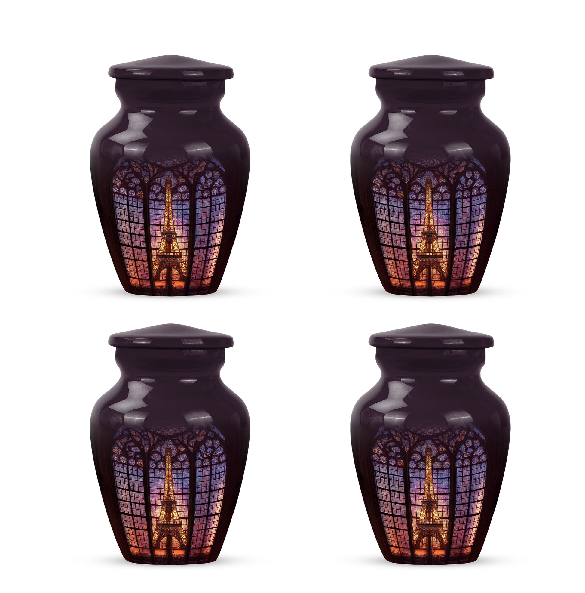 Glossy Black Eiffel Tower Cremation Urn side profile showing urn shape - classic sculpted eiffel tower pattern on smooth aluminum - 10 inch aluminum urn for cremated remains