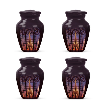 Glossy Black Eiffel Tower Cremation Urn side profile showing urn shape - classic sculpted eiffel tower pattern on smooth aluminum - 10 inch aluminum urn for cremated remains