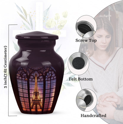 Ebony Eiffel Tower Cremation Urn close-up of engraving and surface detail - timeless eiffel tower motif etched into premium metal - mini keepsake memorial for portion of cremation ashes