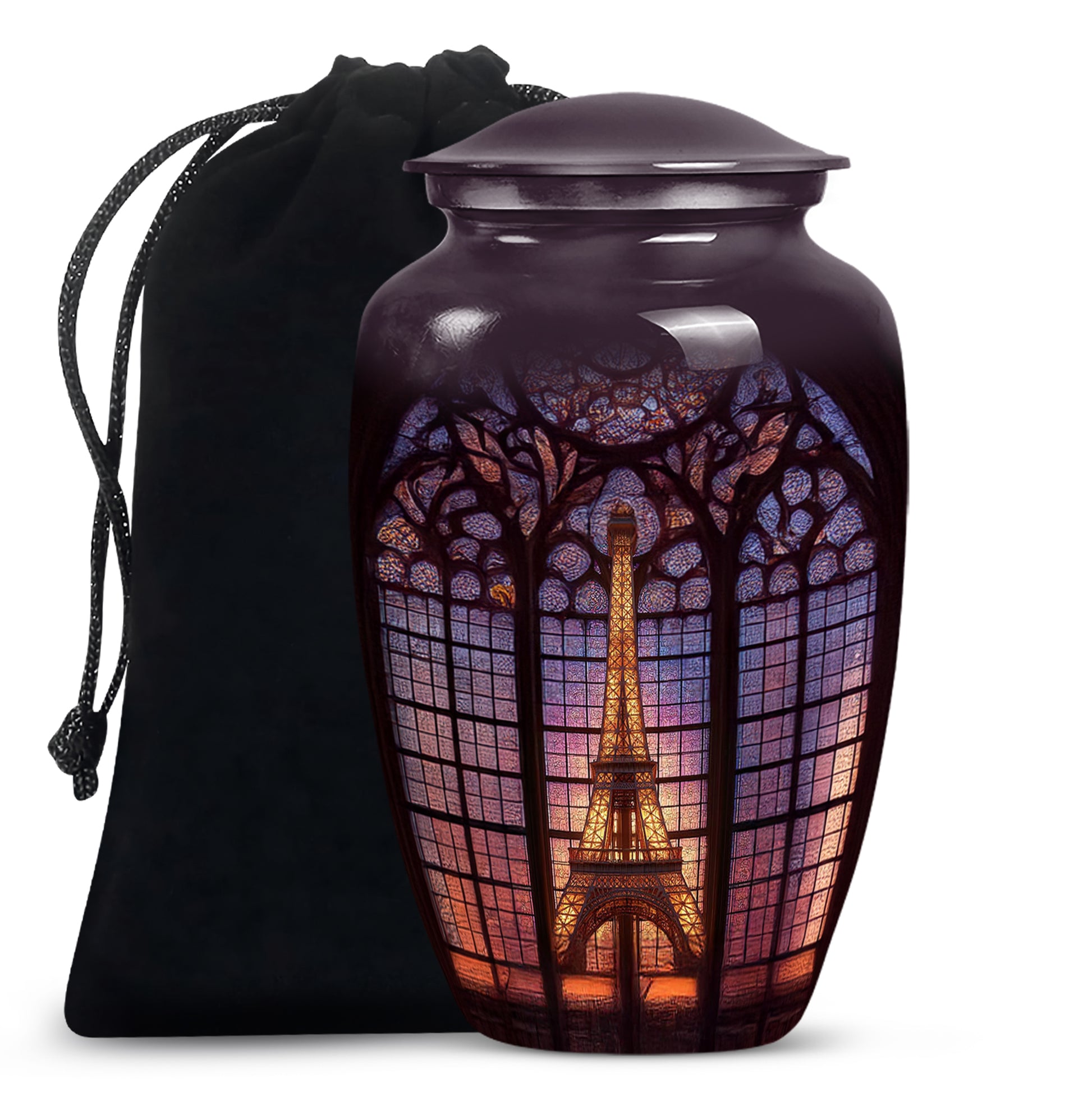 Glossy Black Eiffel Tower Cremation Urn angled view of lid and engraved motif - classic sculpted eiffel tower pattern on smooth aluminum - full-size 10 inch 200 cubic inch adult cremation urn